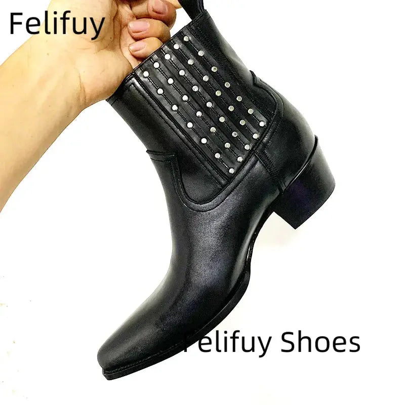 Studded Chelsea Boots Men Black Ankle Boots Luxury Designer Real Leather Men Booties Handmade Luxury Botas Thigh High Boots - Chicchar Fashion