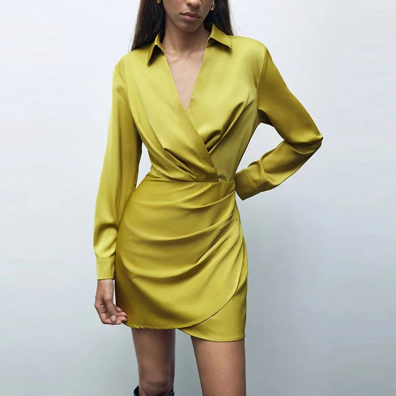 Satin Long Sleeve Wrap Dress