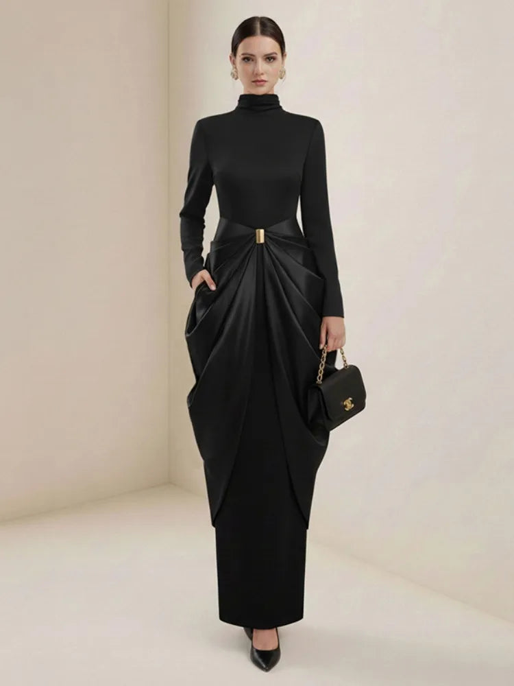 Black High-Neck Pleated Maxi