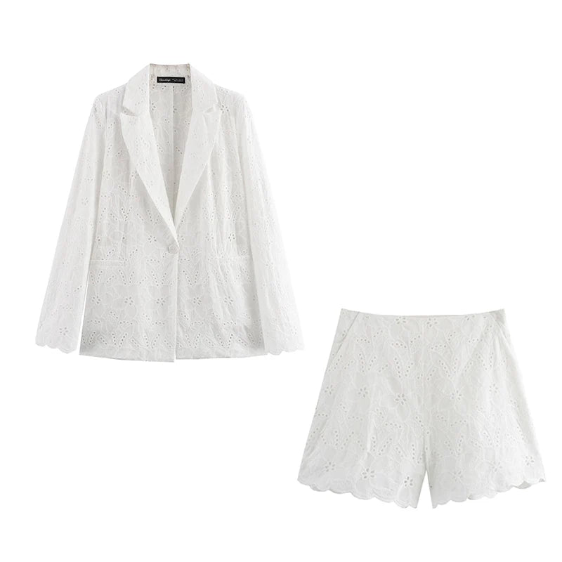 White Lace Blazer Shorts Set