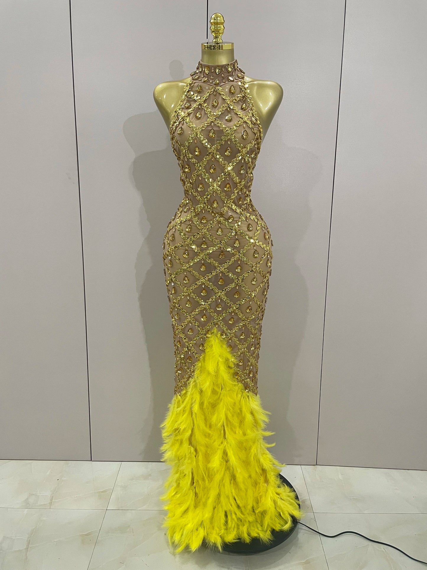 Red Rhinestone Mesh Long Dress