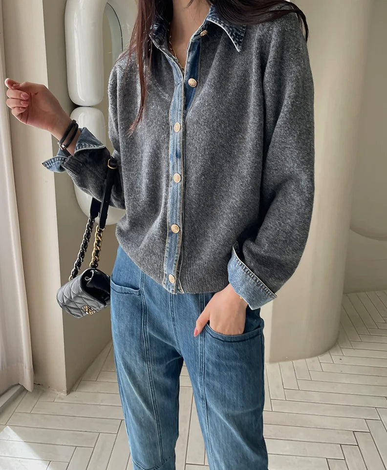 Denim Patchwork Knit Cardigan Chicchar Fashion