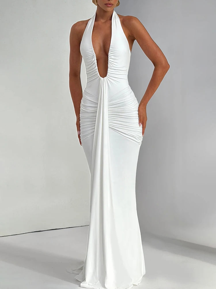 Deep V Draped Ruched Maxi
