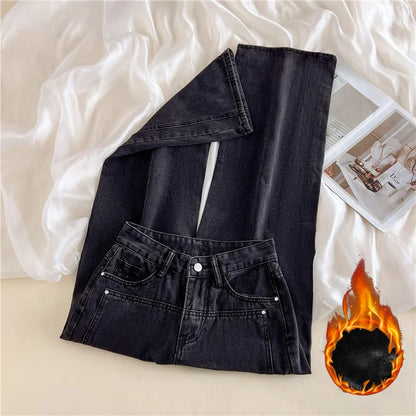 Korean High-Waist Fleece Jeans