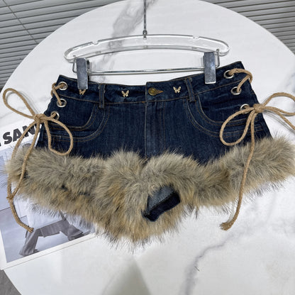 Frayed Lace-Up Denim Shorts