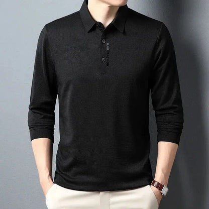 Men's Waffle Long Sleeved POLO Shirt with Letter Printed Lapel Casual Top Chicchar Fashion
