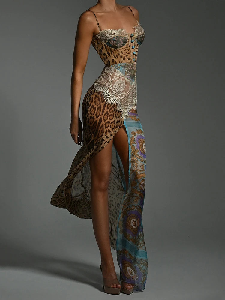 Leopard Lace Split Maxi Dress