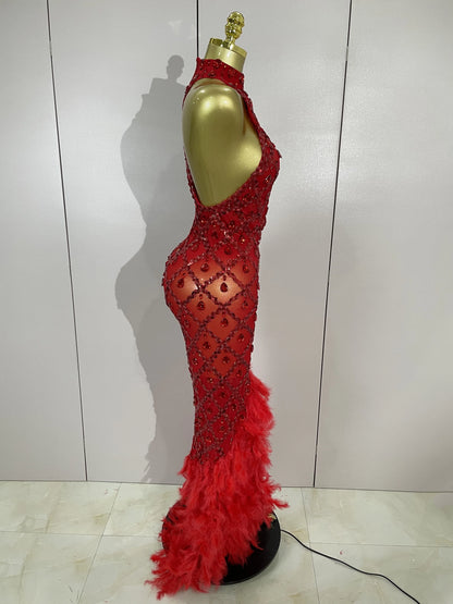 Red Rhinestone Mesh Long Dress