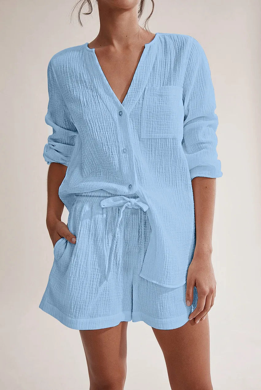 MCAO V-Neck Cotton Set: Chic Summer Elegance