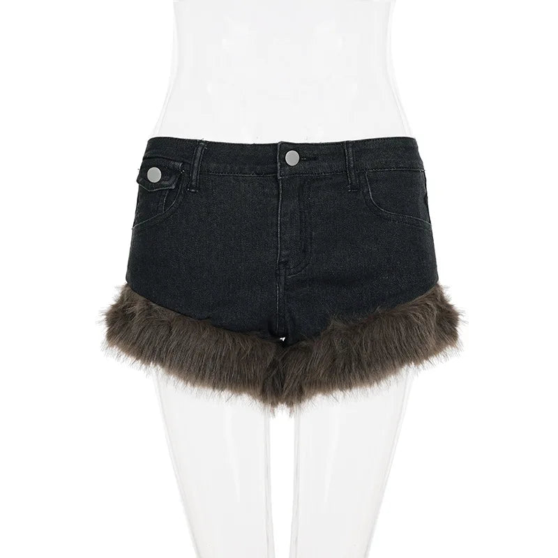 Fluffy Denim Low-Waist Shorts