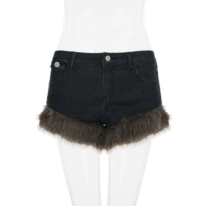 Fluffy Denim Low-Waist Shorts