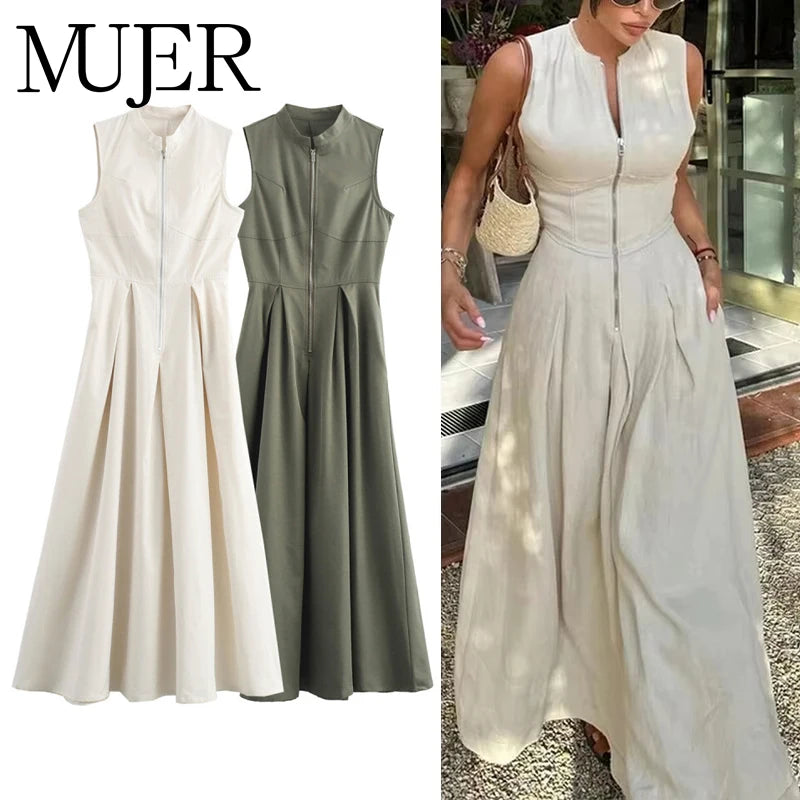 MUJER Pleated Zipper Midi