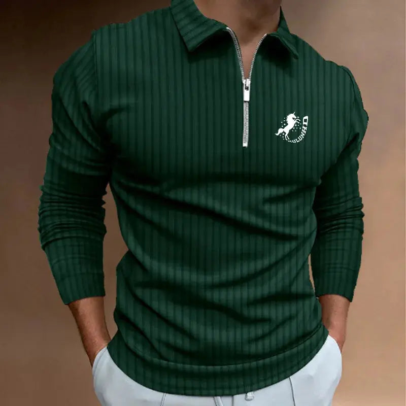 Men Stripe Zip Polo Polyester Chicchar Fashion
