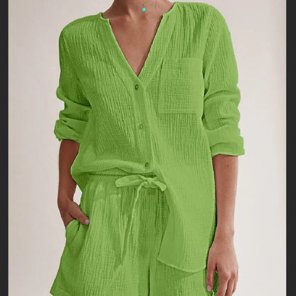 MCAO V-Neck Cotton Set: Chic Summer Elegance