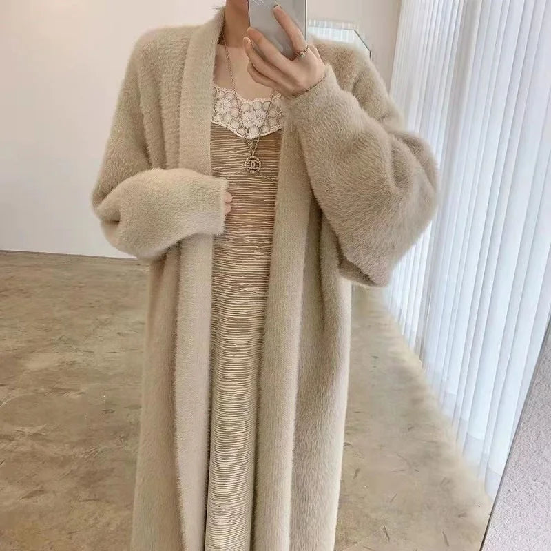 white Long Cardigan for women 2025 new winter clothes Knitted fluffy long sleeve Cashmere sweater coat korean style warm vintage Chicchar Fashion