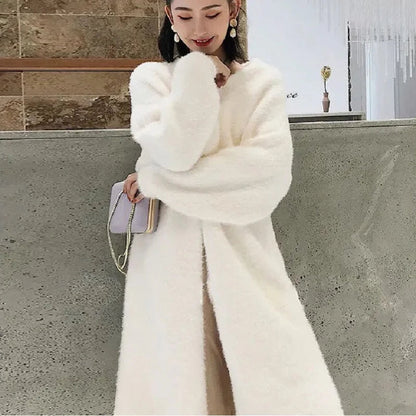 white Long Cardigan for women 2025 new winter clothes Knitted fluffy long sleeve Cashmere sweater coat korean style warm vintage Chicchar Fashion