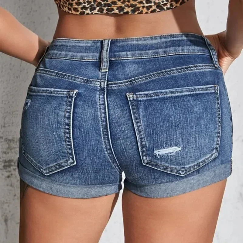 Split Denim Mid Waist Shorts