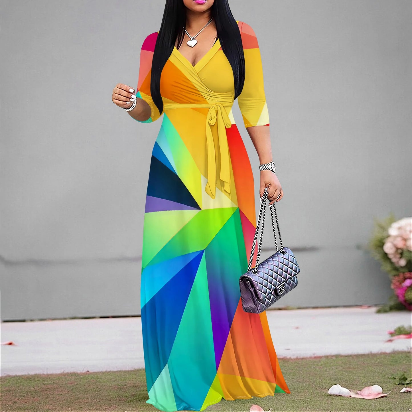 Floral Polyester V-Neck Maxi