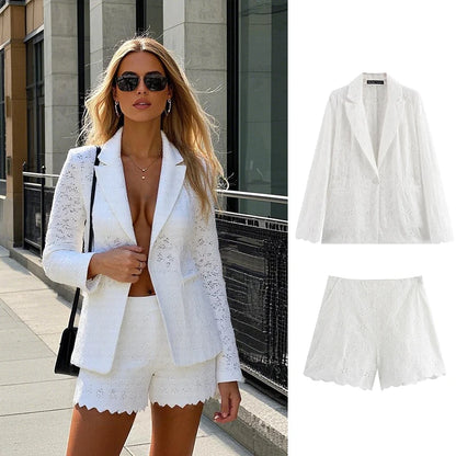 White Lace Blazer Shorts Set