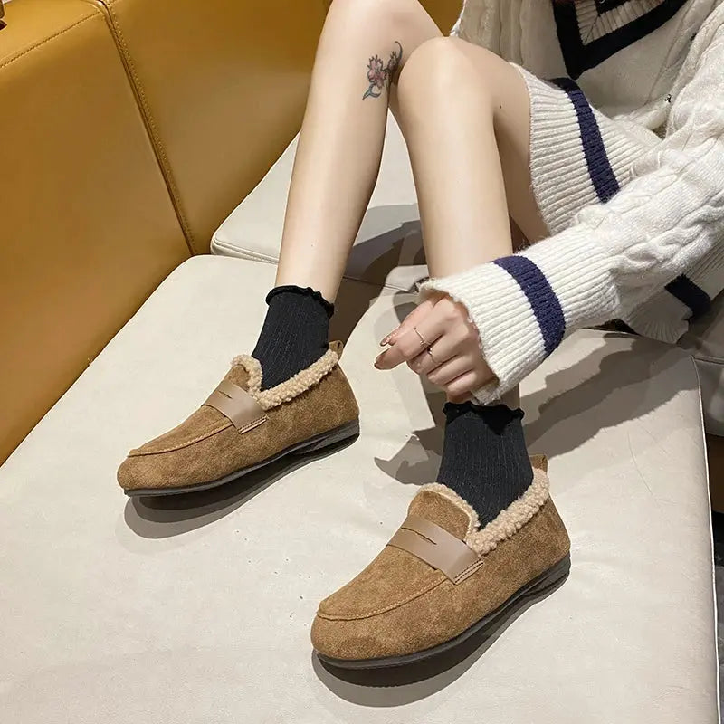 CRLAYDK Winter Women's Soft Fur Lining Moccasins Suede Ladies House Warm Indoor Outdoor Anti Skid Loafers Slip On Flat Shoes - Chicchar Fashion