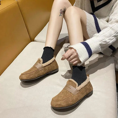 CRLAYDK Winter Women's Soft Fur Lining Moccasins Suede Ladies House Warm Indoor Outdoor Anti Skid Loafers Slip On Flat Shoes - Chicchar Fashion