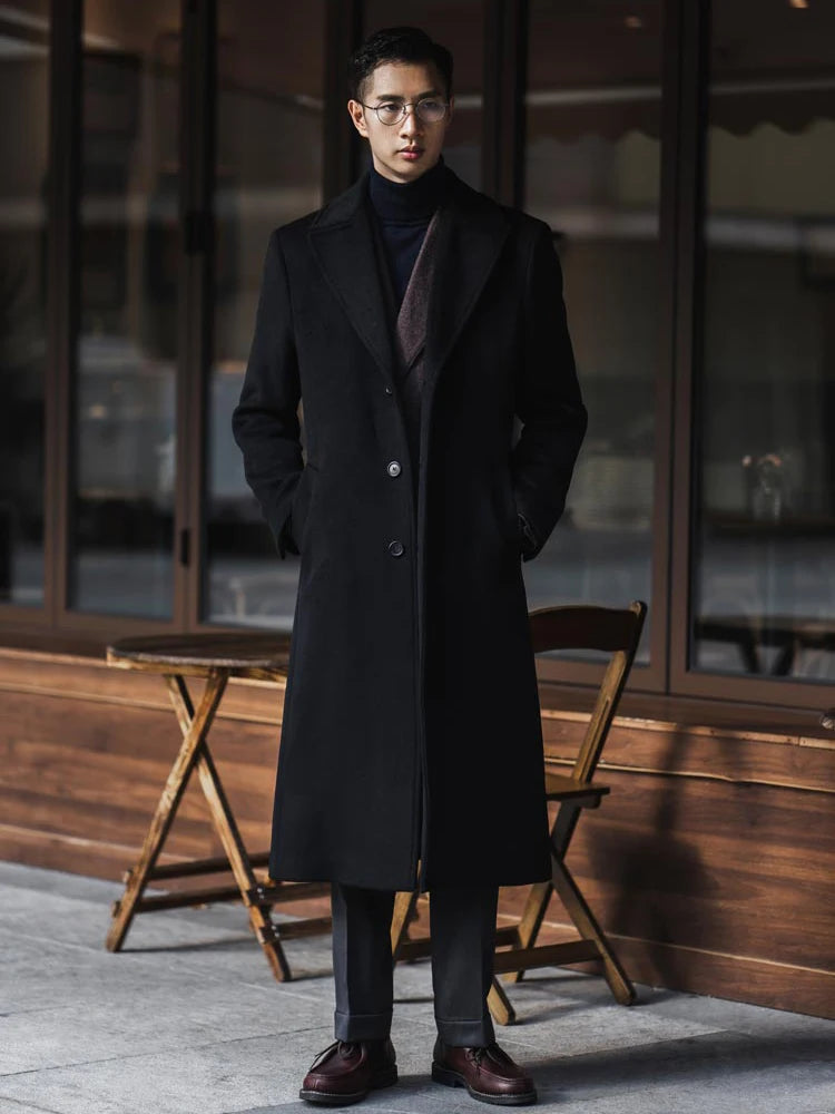Long Wool-Blend Black Trench