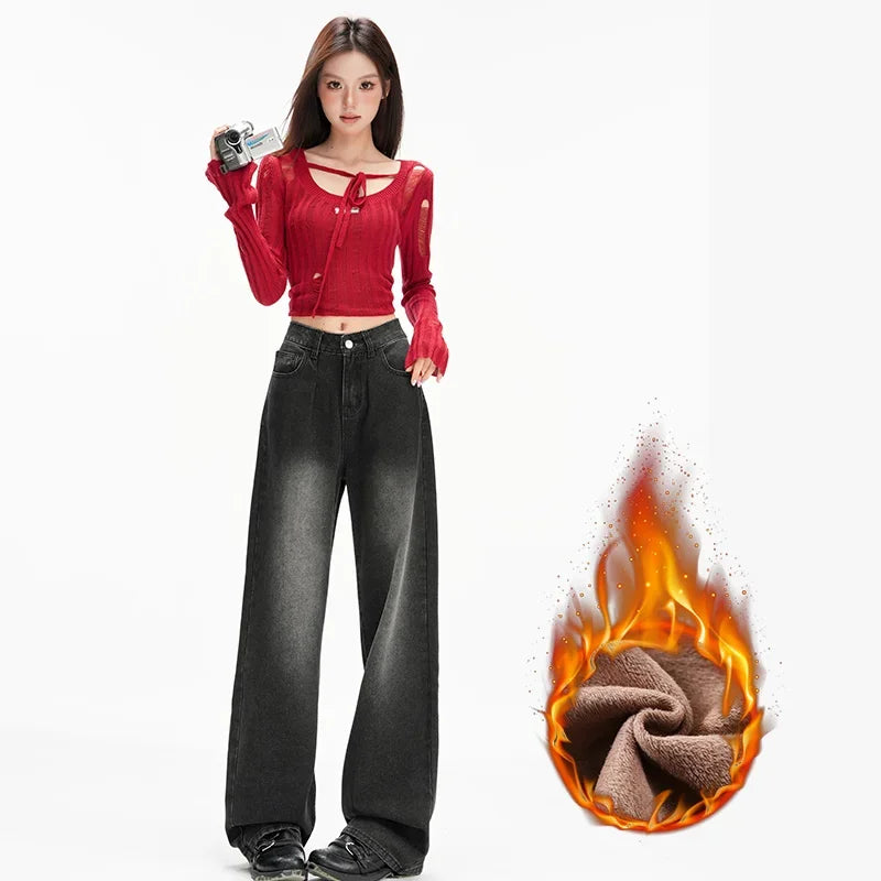 High Waist Fleece Wide Jeans