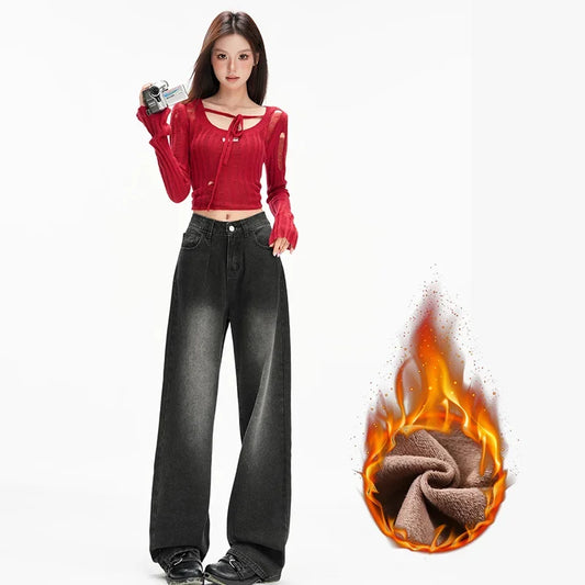 High Waist Fleece Wide Jeans