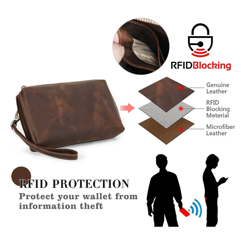 Vintage Men's Clutch Bag RFID Genuine Leather Clutch Wallet Bag Casual Long Purse Large Capacity Travel Handbag Male luxury bags - Chicchar Fashion