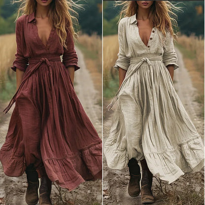 Retro V-Neck Cotton-Linen Gown