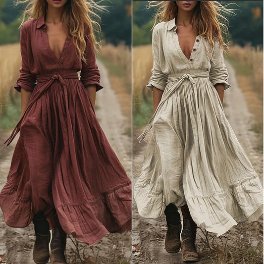 Retro V-Neck Cotton-Linen Gown