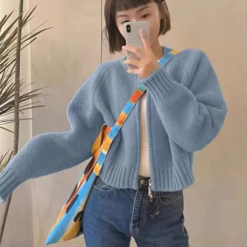 Cropped Zipper Knit Jacket Chicchar Fashion