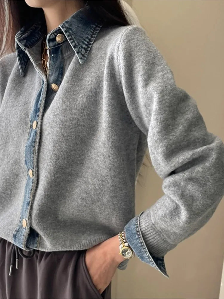 Denim Patchwork Knit Cardigan Chicchar Fashion