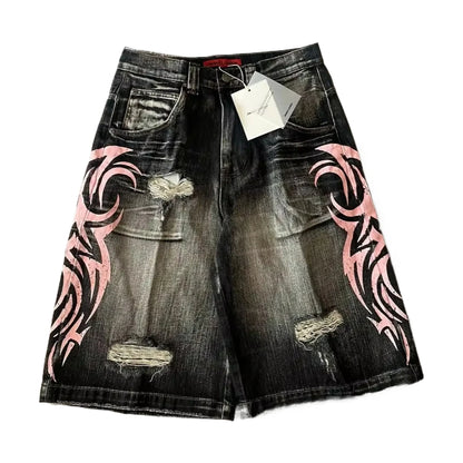 Baggy Embroidered Denim Shorts