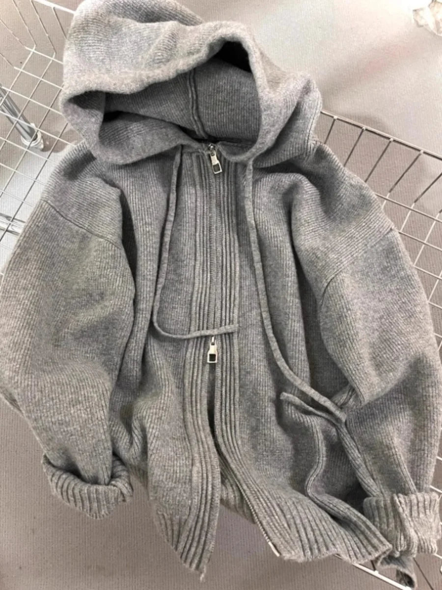 Gray Hooded Knit Sweater Coat Chicchar Fashion