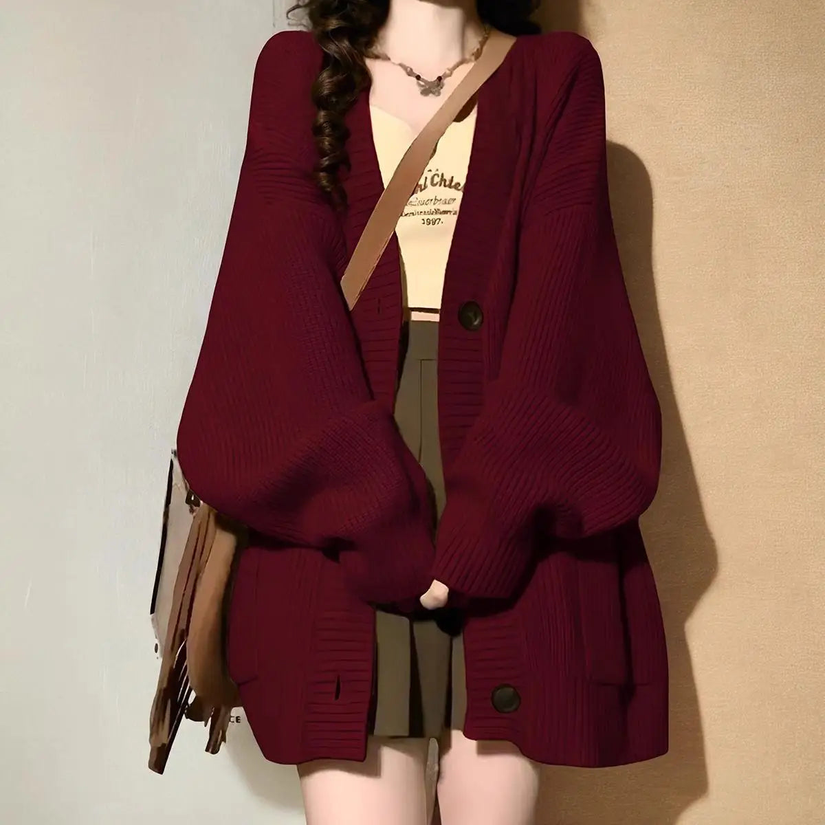 Polyester V-Neck Cardigan Chicchar Fashion