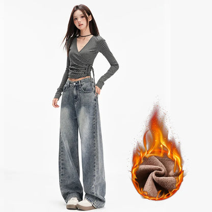 High Waist Fleece Wide Jeans