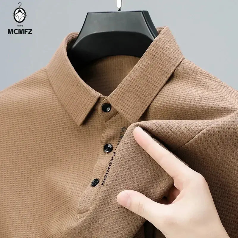 Men's Waffle Long Sleeved POLO Shirt with Letter Printed Lapel Casual Top Chicchar Fashion