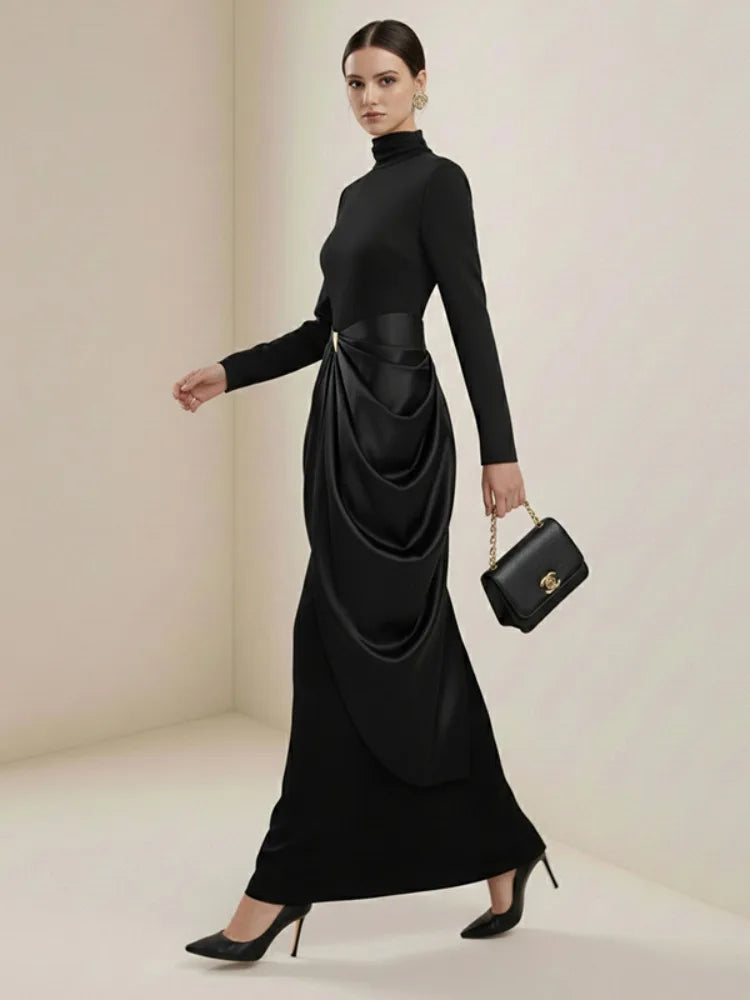 Black High-Neck Pleated Maxi