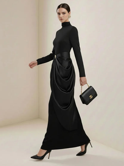 Black High-Neck Pleated Maxi