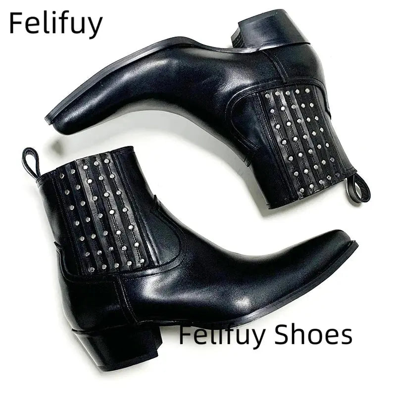 Studded Chelsea Boots Men Black Ankle Boots Luxury Designer Real Leather Men Booties Handmade Luxury Botas Thigh High Boots - Chicchar Fashion