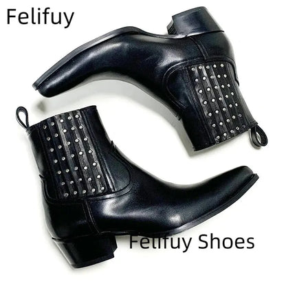 Studded Chelsea Boots Men Black Ankle Boots Luxury Designer Real Leather Men Booties Handmade Luxury Botas Thigh High Boots - Chicchar Fashion