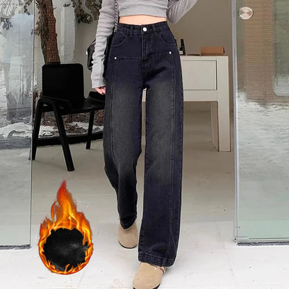 Korean High-Waist Fleece Jeans