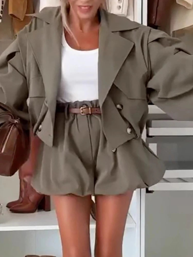 Lapel Trench Coat & Mini Skirt