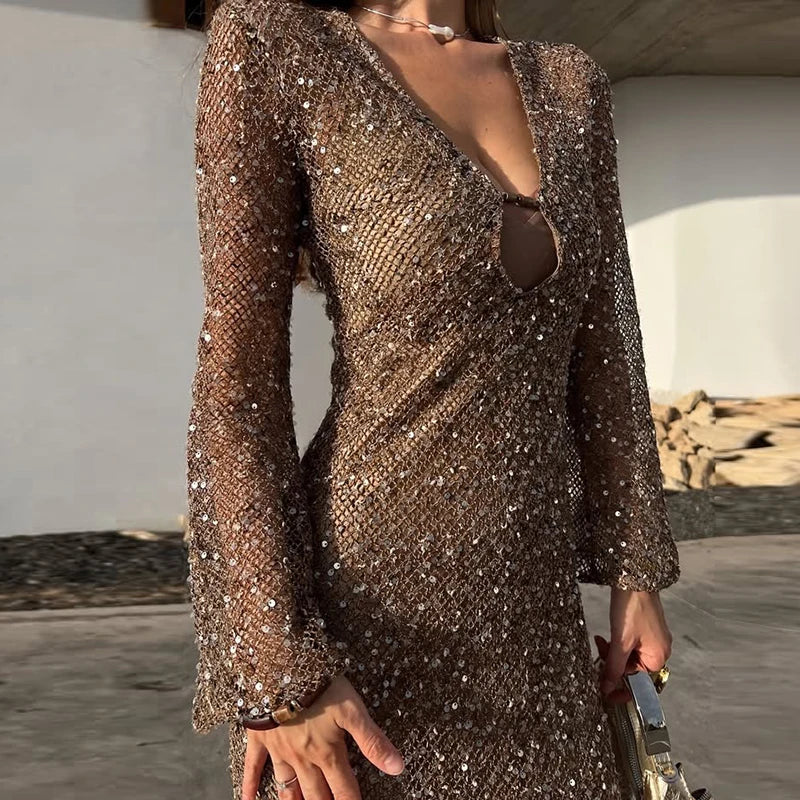 Sequin V-Neck See-Through