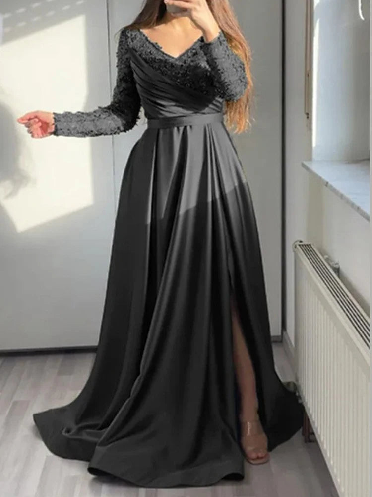 V-Neck Embroidered Lace Gown