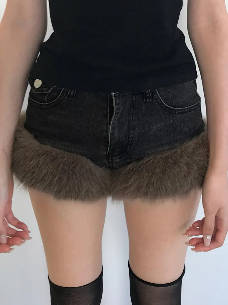 Y2K Fur Patchwork Denim Shorts