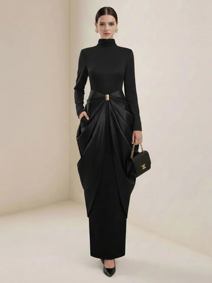 Black High-Neck Pleated Maxi