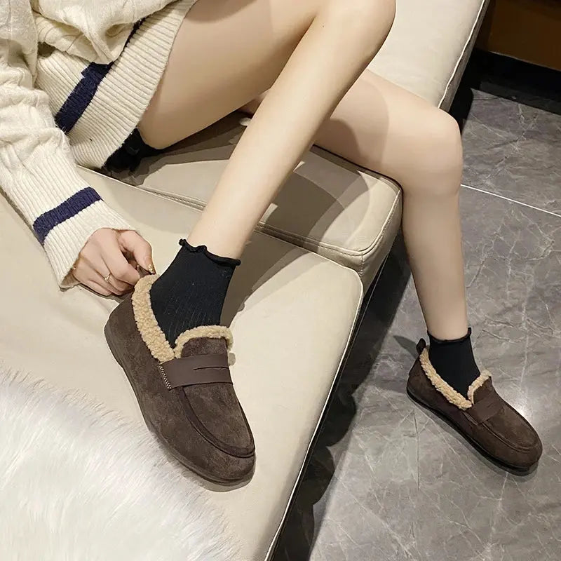 CRLAYDK Winter Women's Soft Fur Lining Moccasins Suede Ladies House Warm Indoor Outdoor Anti Skid Loafers Slip On Flat Shoes - Chicchar Fashion
