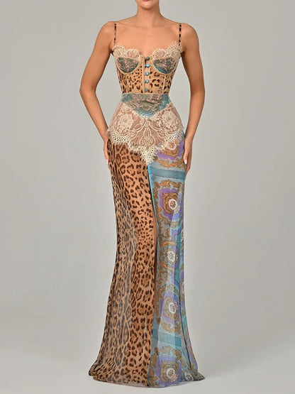 Leopard Lace Split Maxi Dress